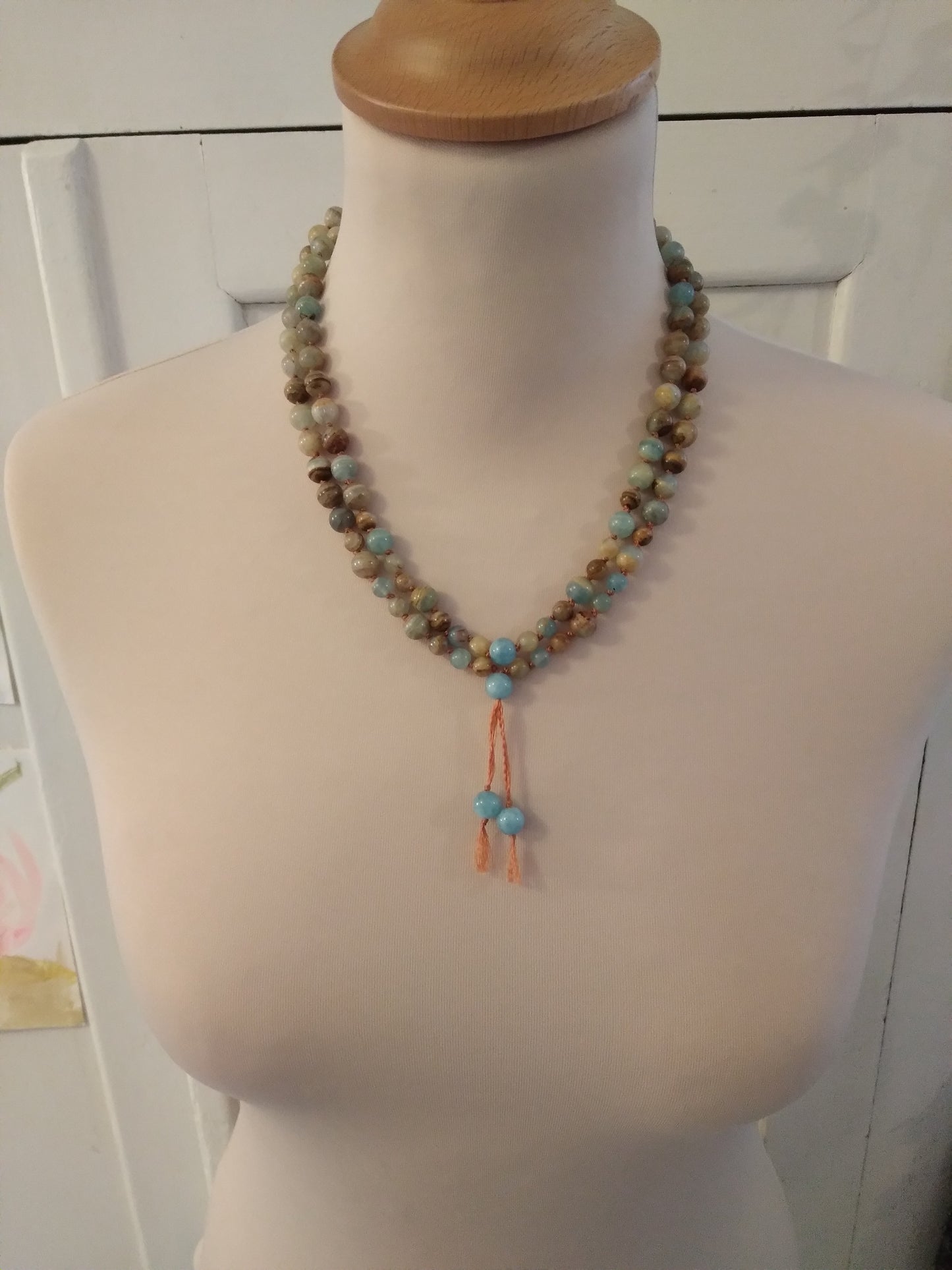 Mala en calcite bleue lémurienne et aigue-marine "Lignées apaisées"