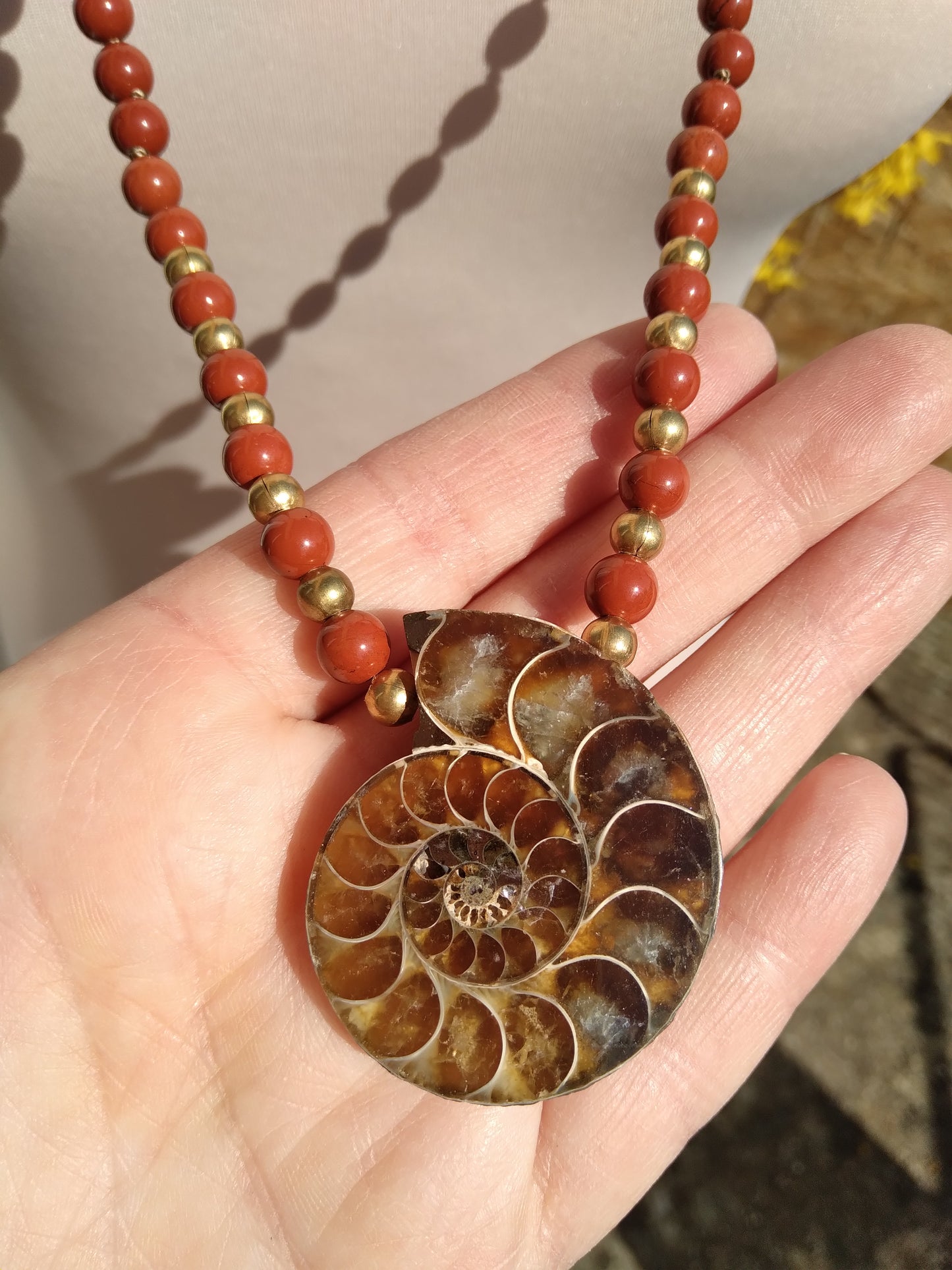 Mala en jaspe rouge, jaspe paysage et ammonite - Commande personnalisée