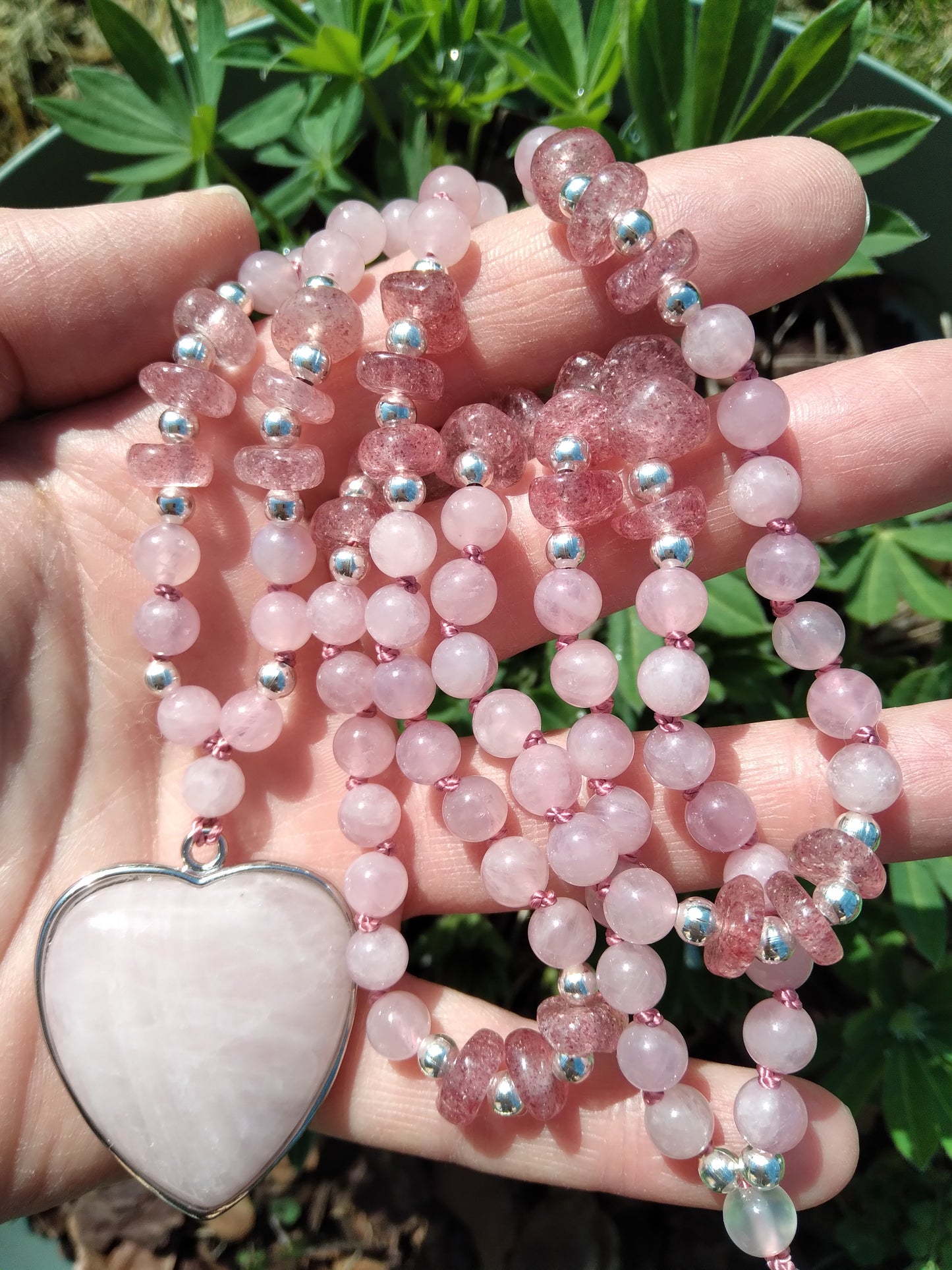 Mala en quartz rose et quartz fraise "Je me chéris"