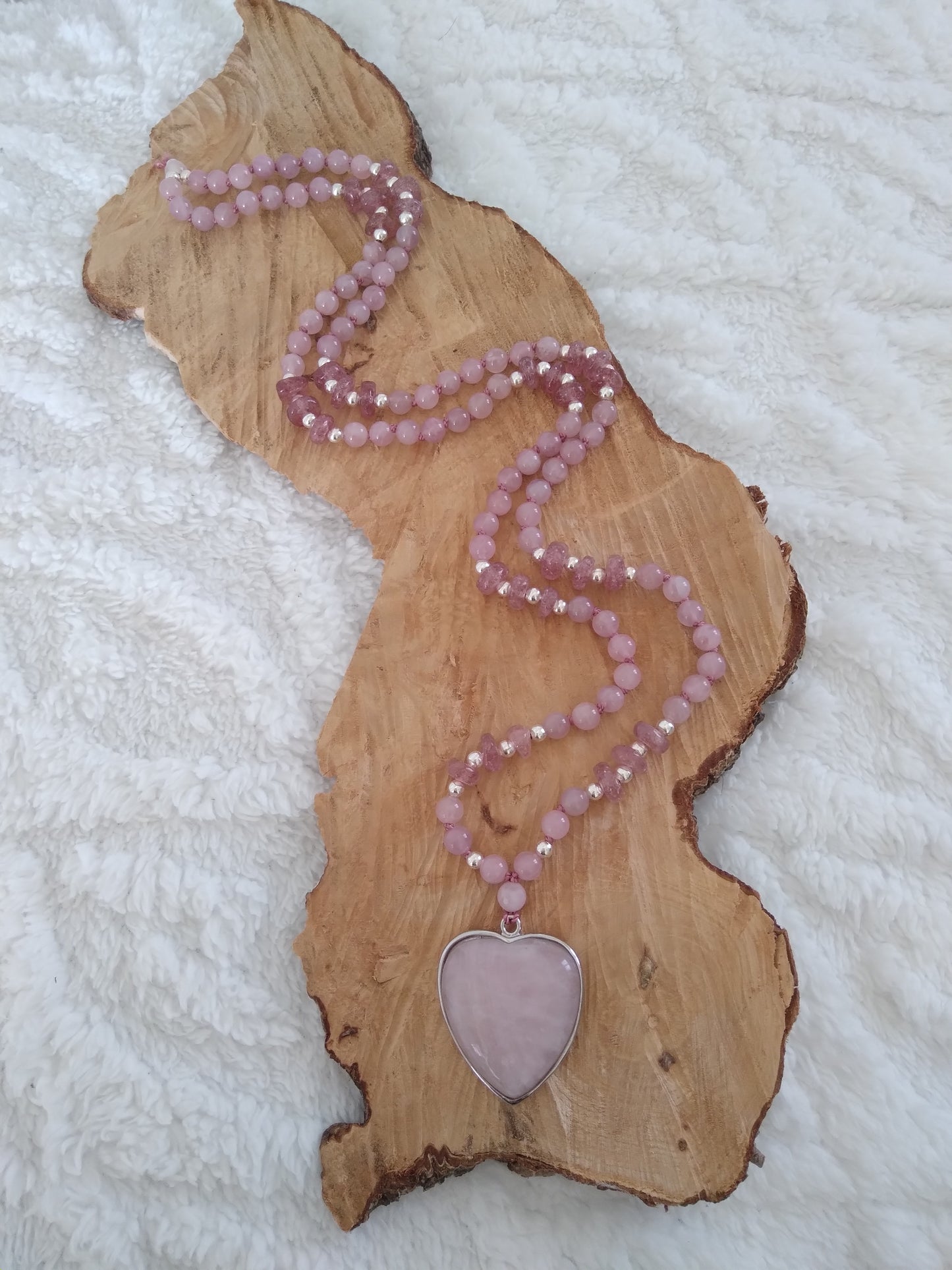 Mala en quartz rose et quartz fraise "Je me chéris"