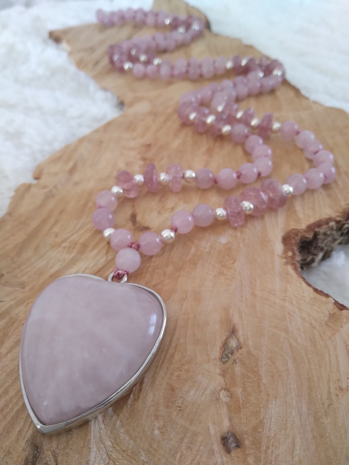 Mala en quartz rose et quartz fraise "Je me chéris"