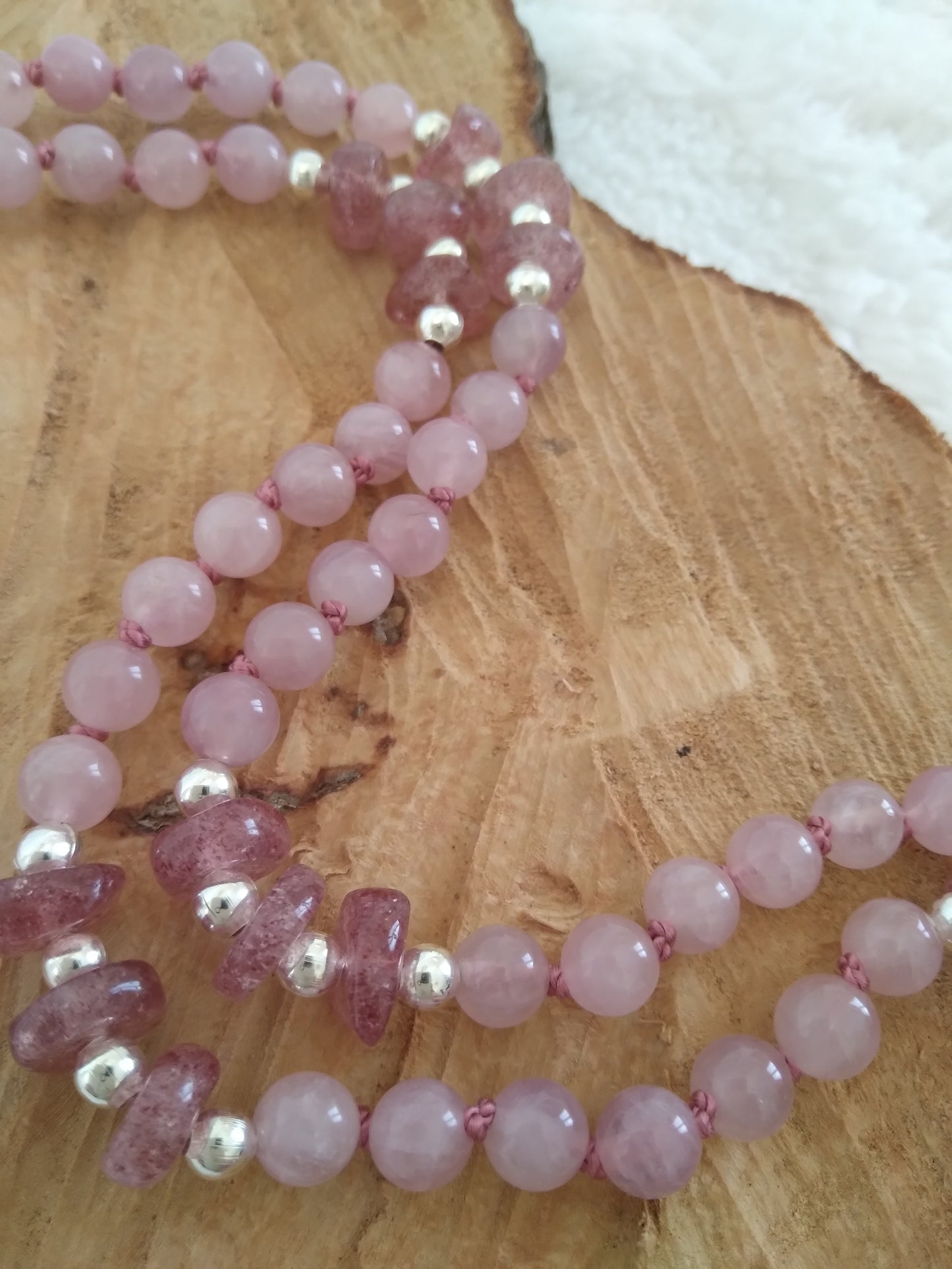 Mala en quartz rose et quartz fraise "Je me chéris"