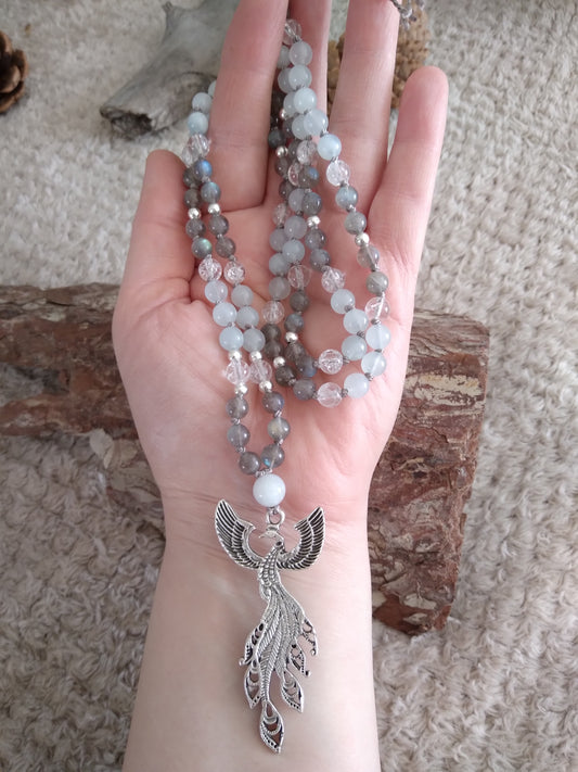 Mala phénix en aigue-marine, labradorite, jade blanc et cristal de roche