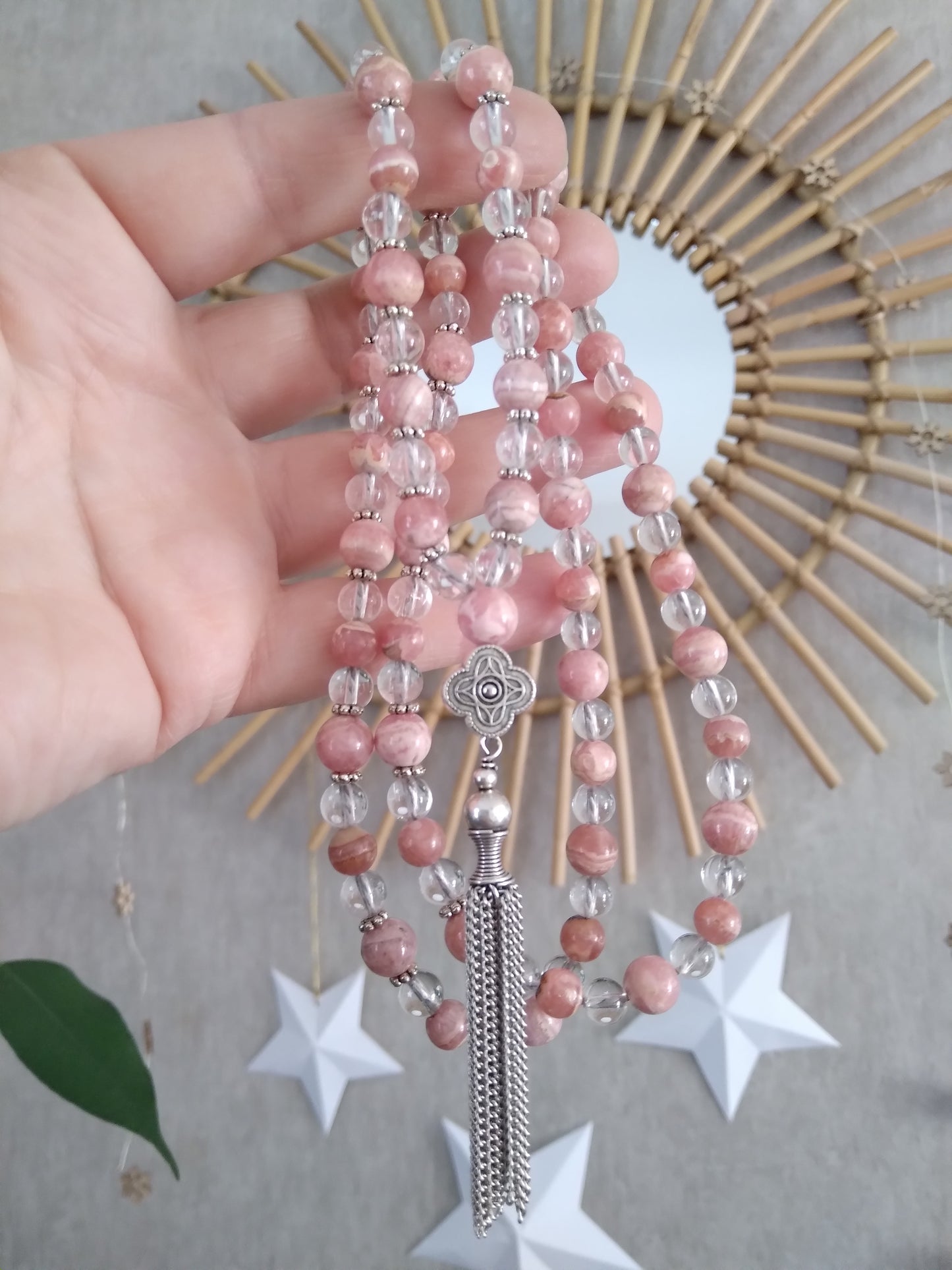 Mala en rhodochrosite et cristal de roche "Expérimente l'amour"