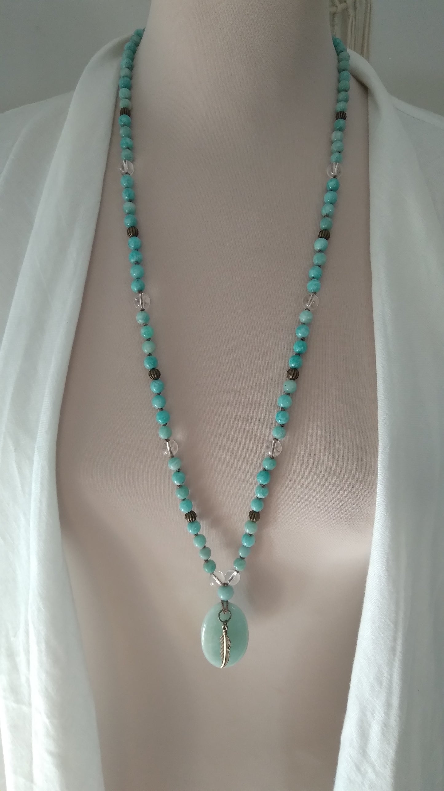 Mala en amazonite et cristal de roche "Alignement"