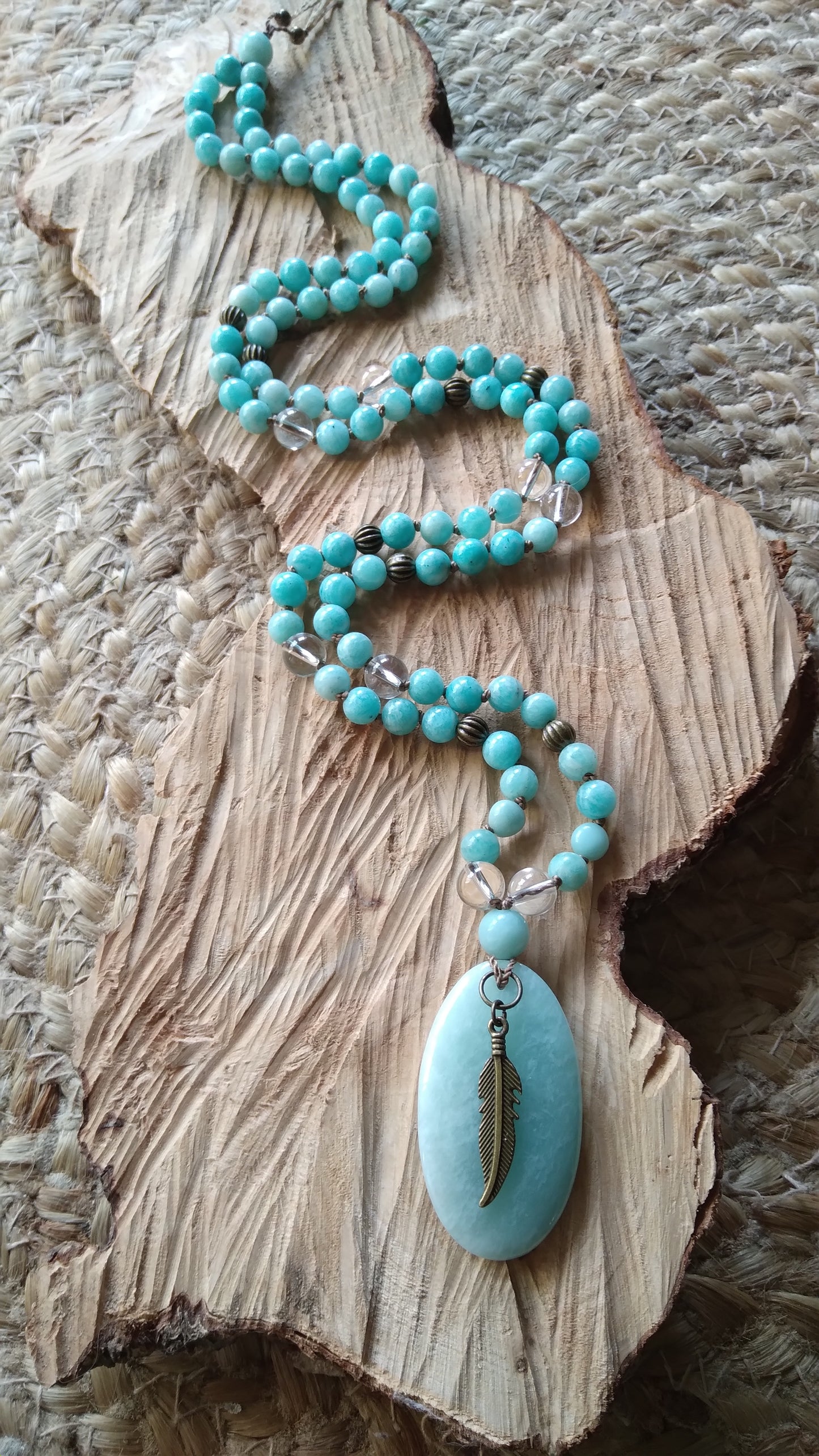 Mala en amazonite et cristal de roche "Alignement"