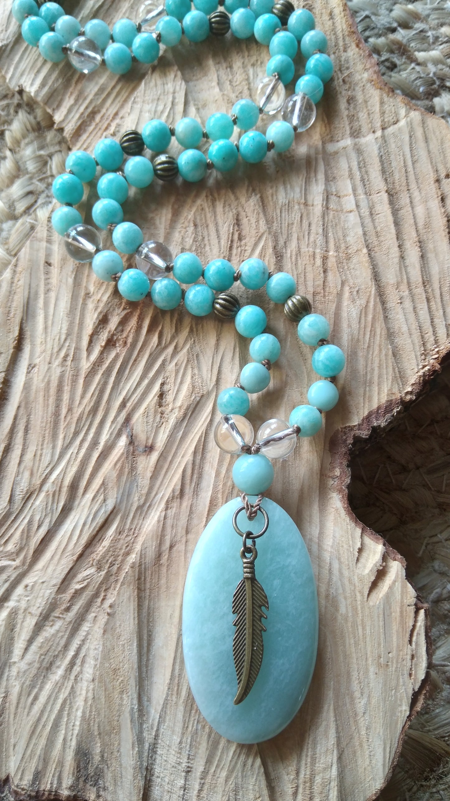 Mala en amazonite et cristal de roche "Alignement"