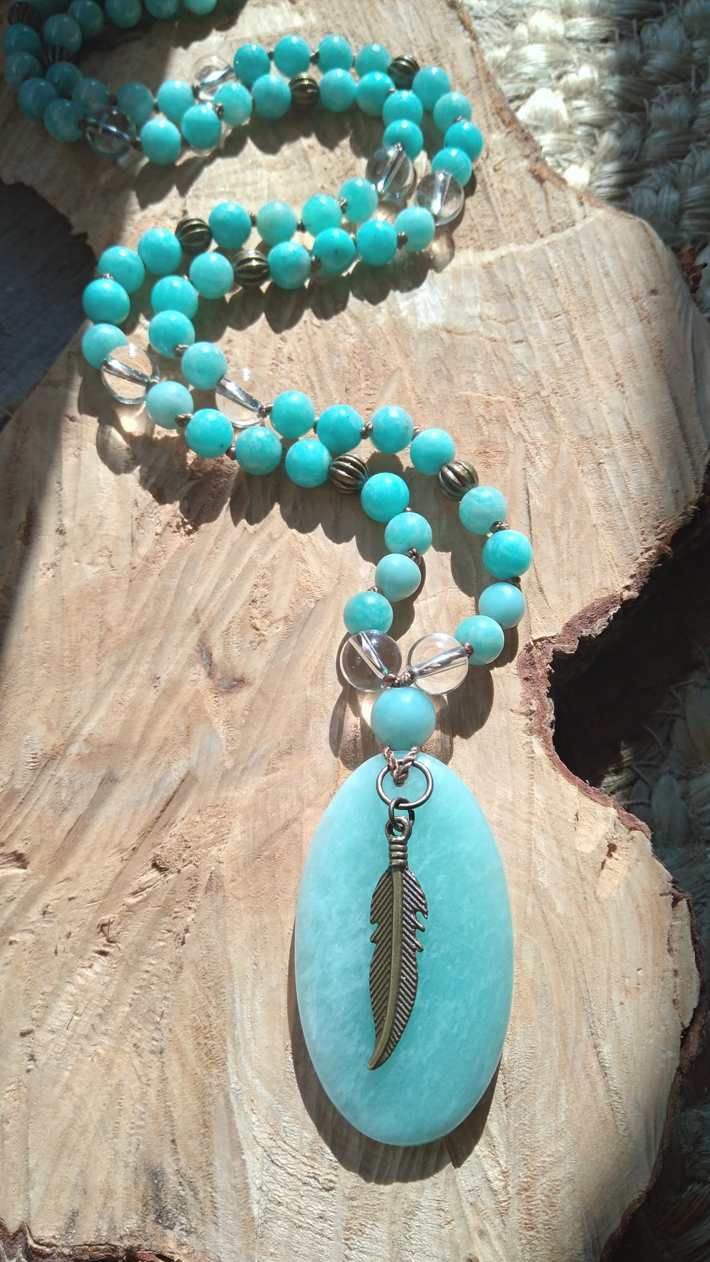 Mala en amazonite et cristal de roche "Alignement"