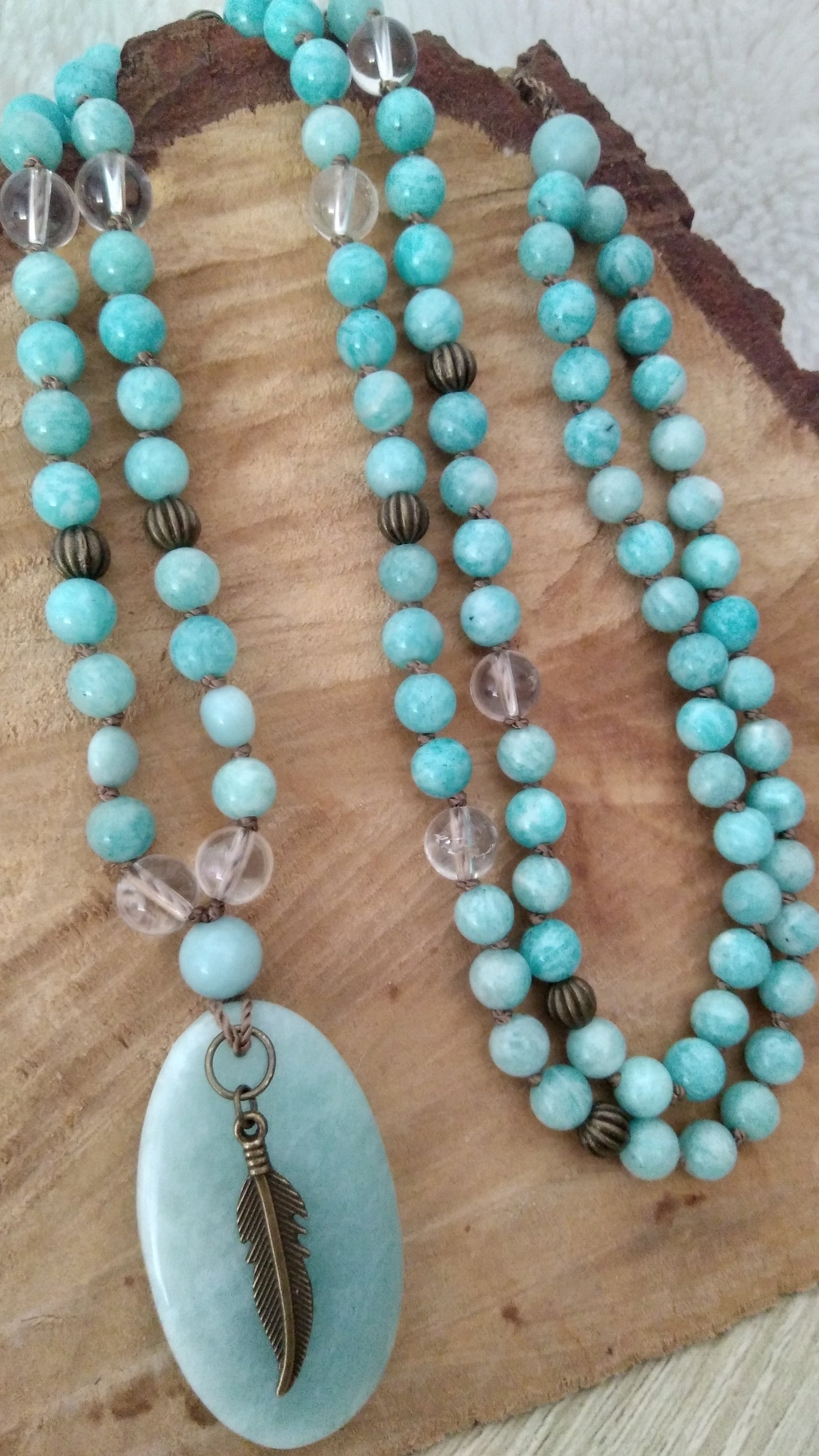 Mala en amazonite et cristal de roche "Alignement"