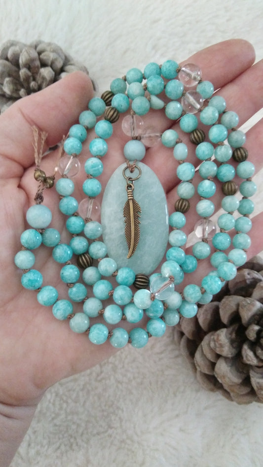 Mala en amazonite et cristal de roche "Alignement"