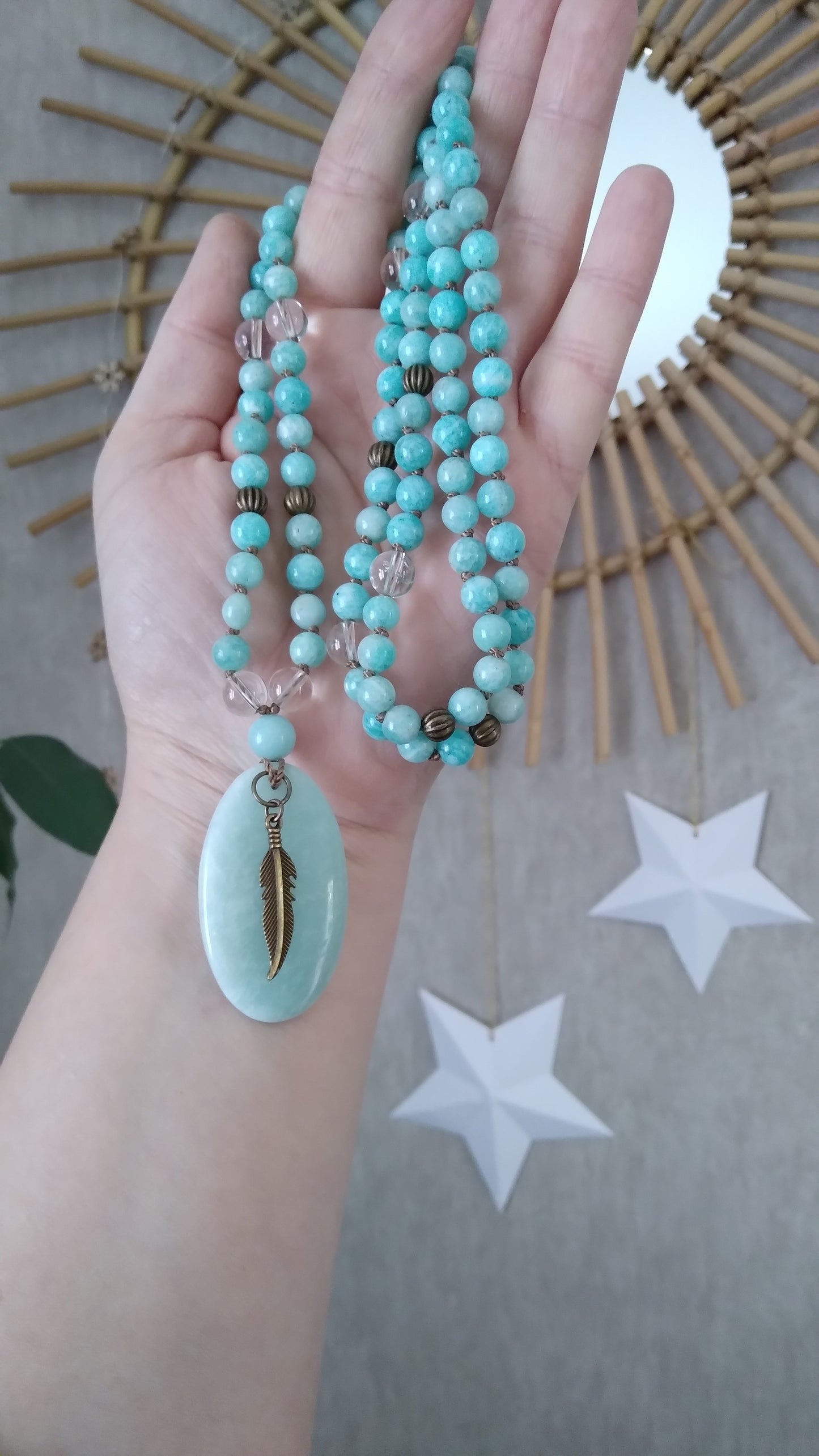 Mala en amazonite et cristal de roche "Alignement"