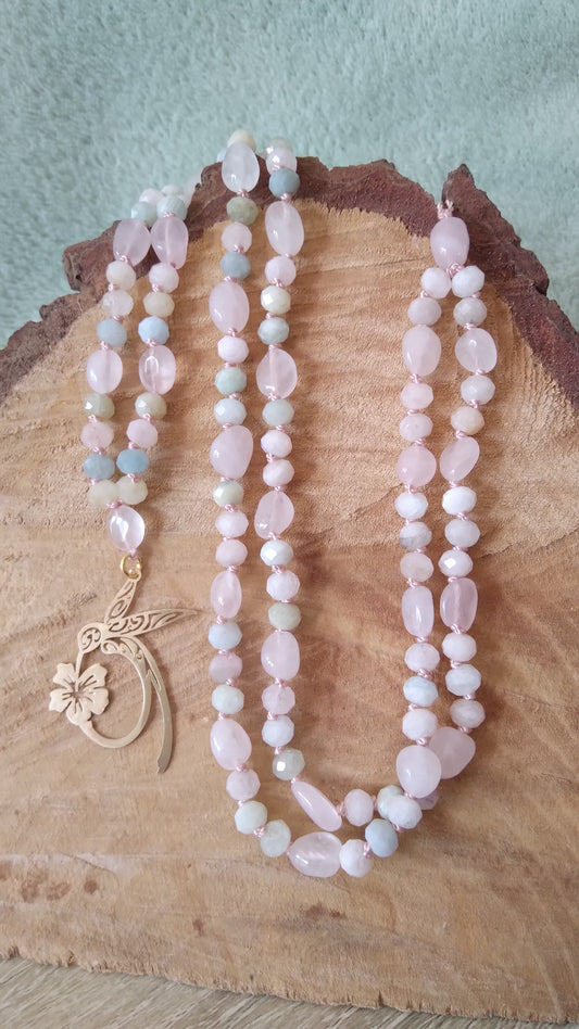 Mala Colibri en morganite, aigue-marine, héliodore, goshénite, émeraude et quartz rose