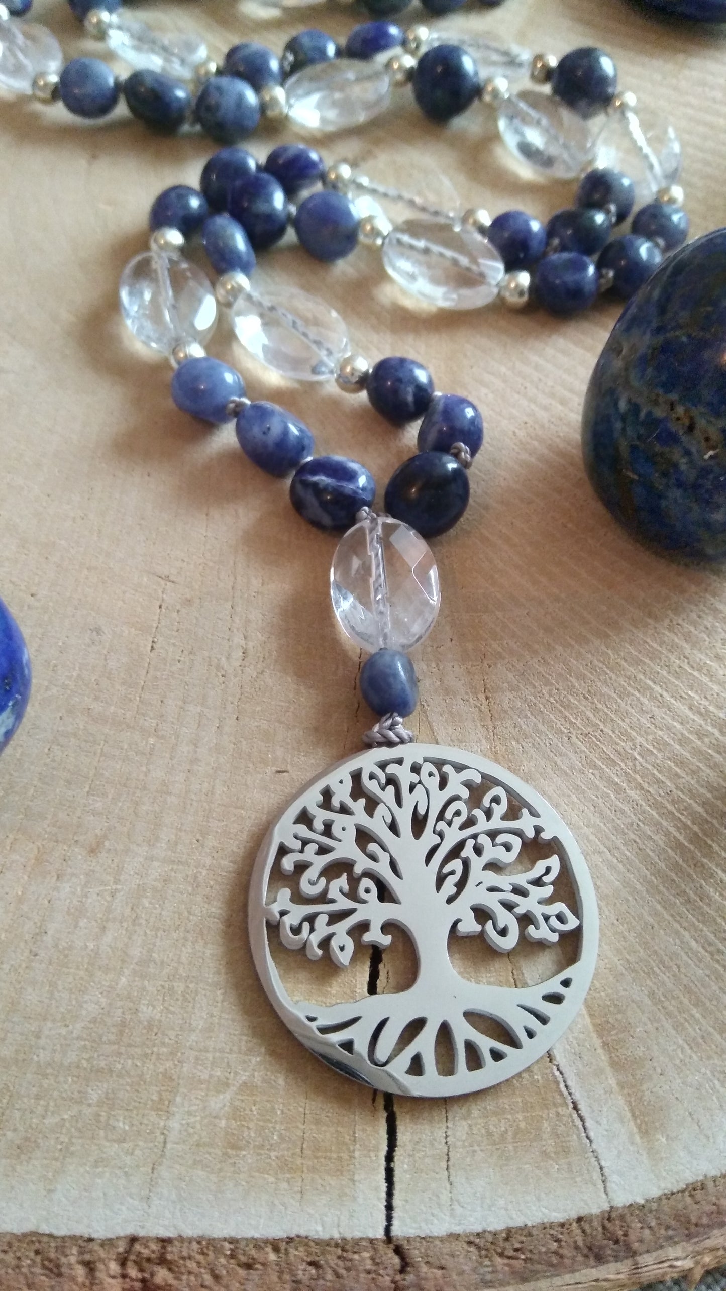 Mala arbre de vie en dumortiérite et cristal de roche "De la terre au ciel"