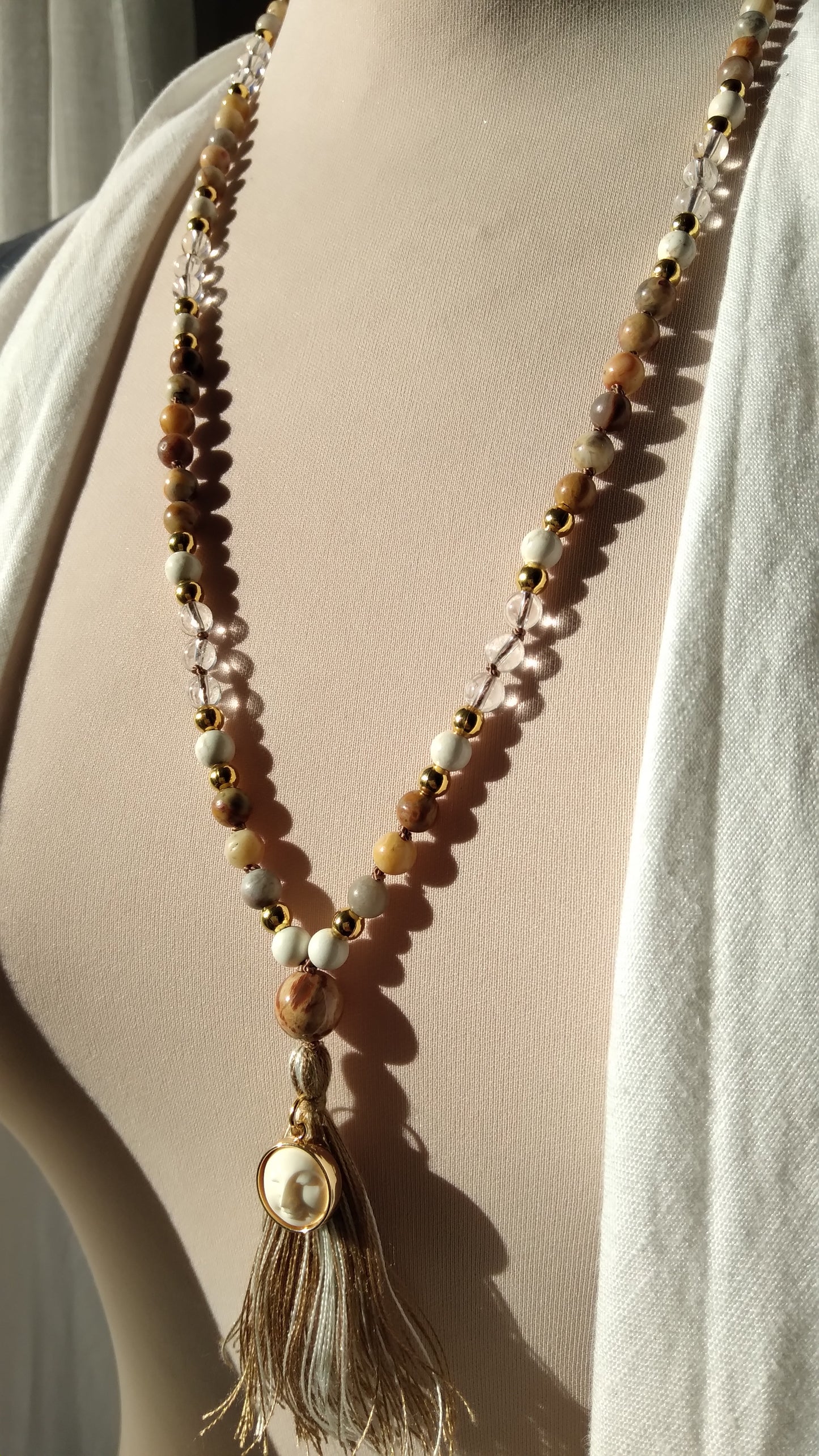 Mala "Pleine lune" en agate crazy lace, magnésite, cristal de roche et jaspe océan