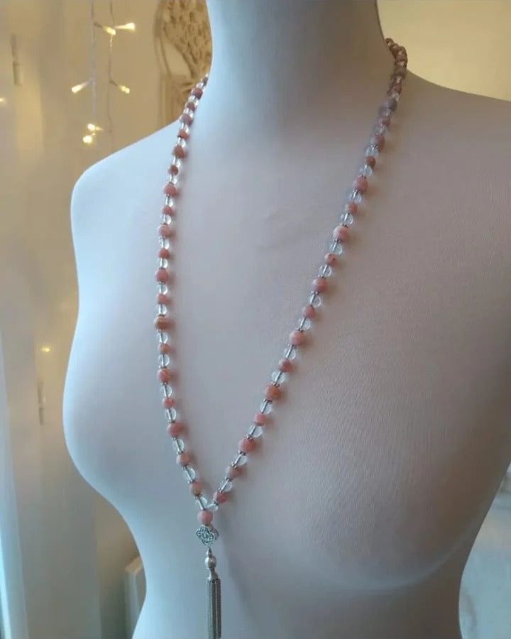 Mala en rhodochrosite et cristal de roche "Expérimente l'amour"