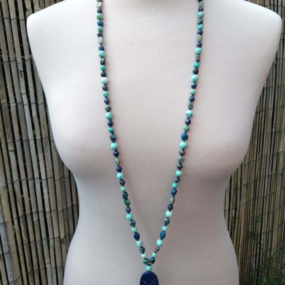 Mala en turquoise, lapis-lazuli et chrysocolle "Profondeurs"