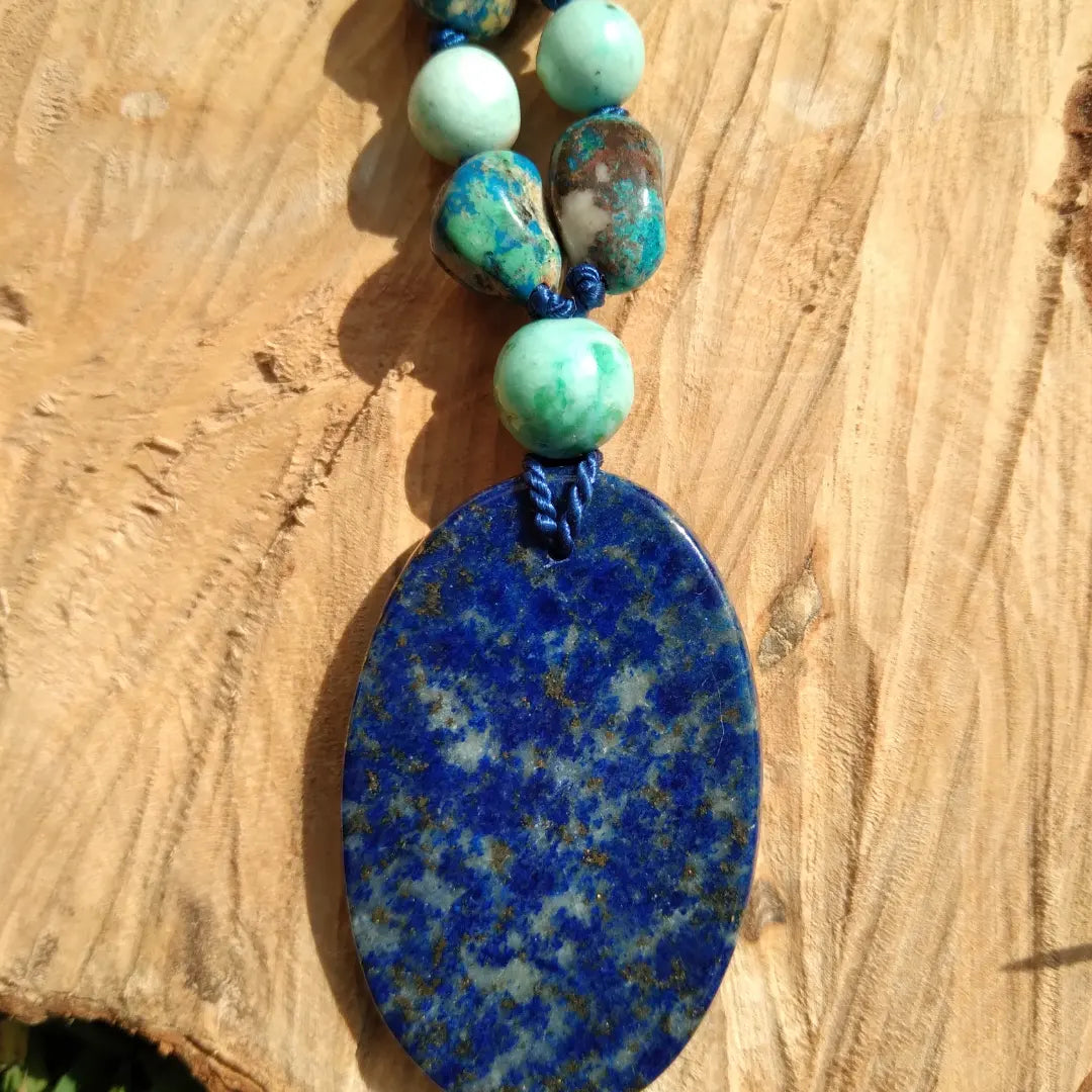 Mala en turquoise, lapis-lazuli et chrysocolle "Profondeurs"