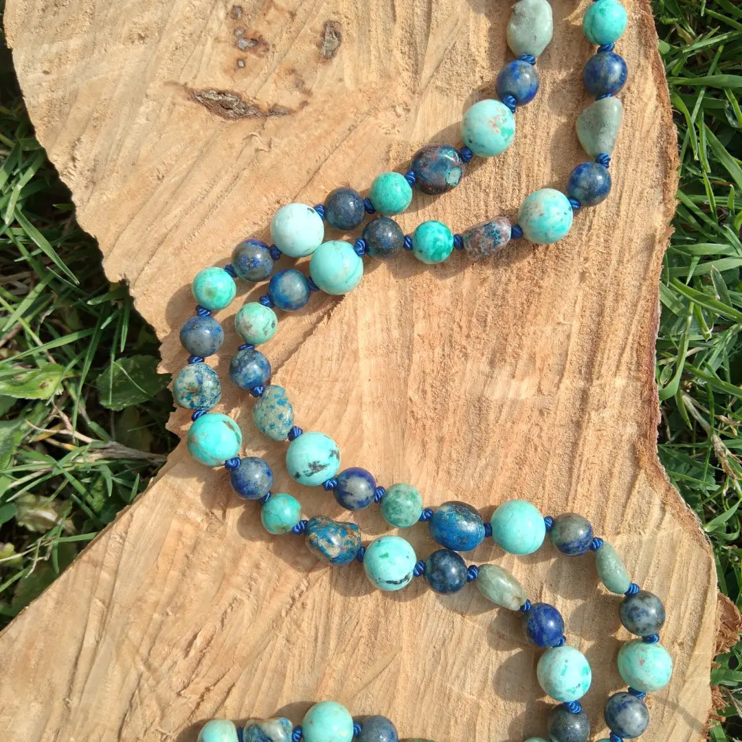 Mala en turquoise, lapis-lazuli et chrysocolle "Profondeurs"