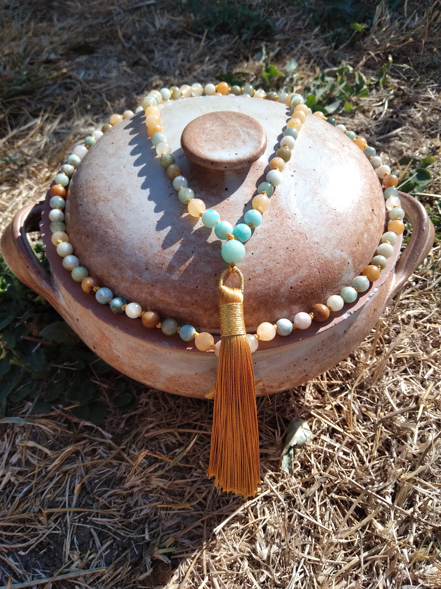 Mala en jadéite, aventurine jaune et amazonite "Cheminement"