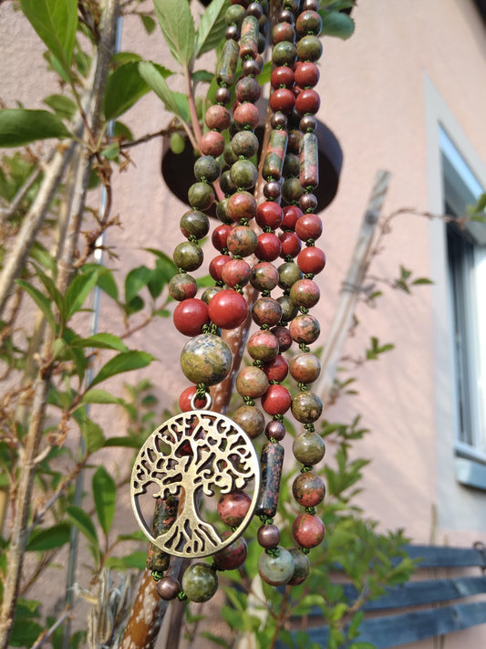 Mala en jaspe rouge et unakite