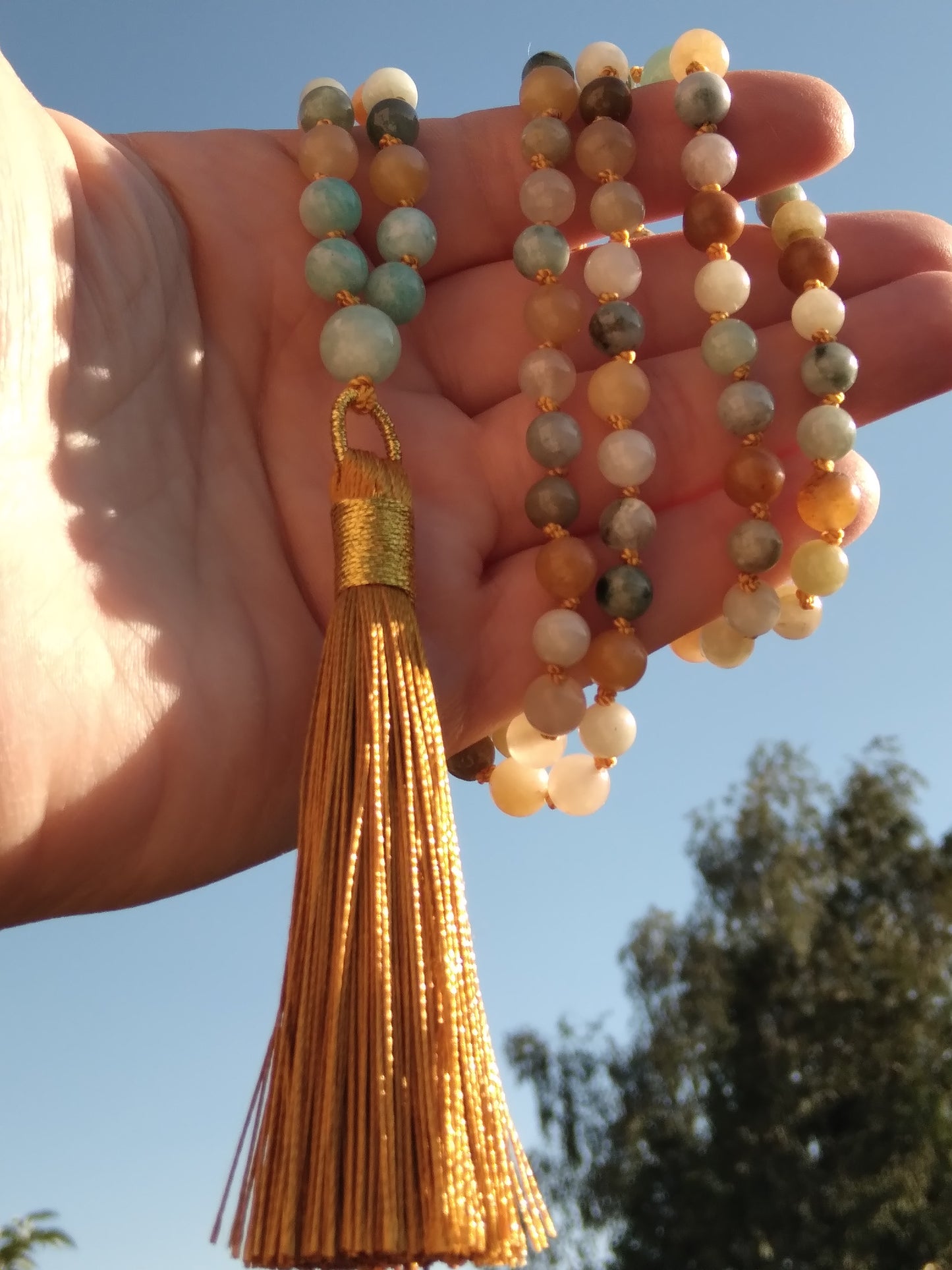 Mala en jadéite, aventurine jaune et amazonite "Cheminement"