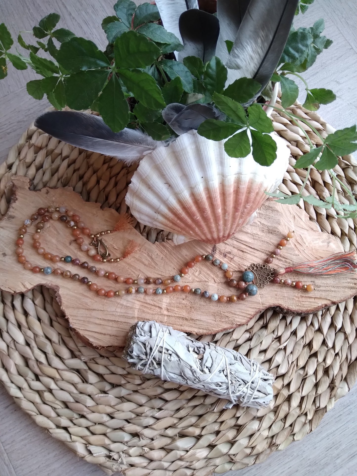 Mala en jaspe océan et aventurine orange "Carpe diem"