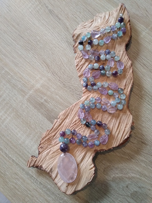 Mala en fluorite, améthyste et quartz rose "Stabilisation"