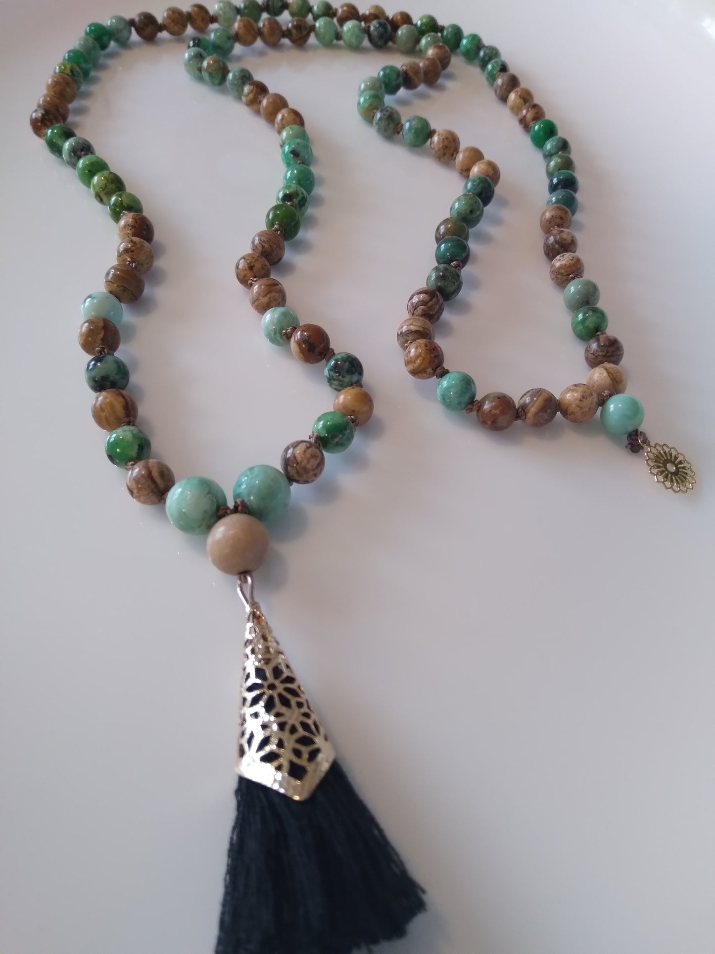 Mala en variscite, turquoise, jaspe paysage et bois de santal "Retrouvailles"