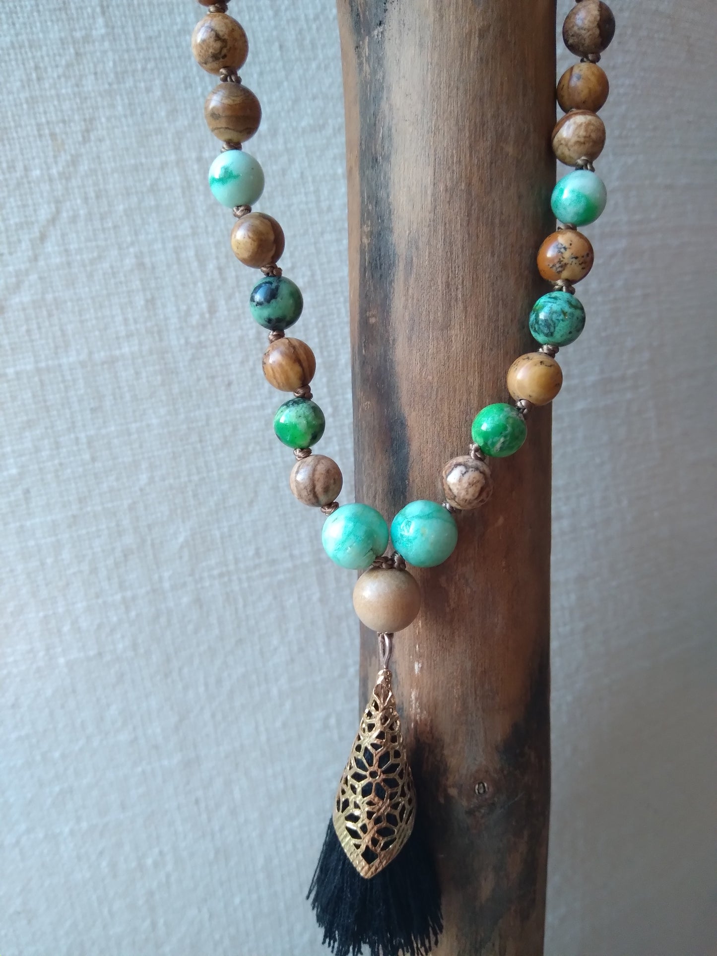 Mala en variscite, turquoise, jaspe paysage et bois de santal "Retrouvailles"