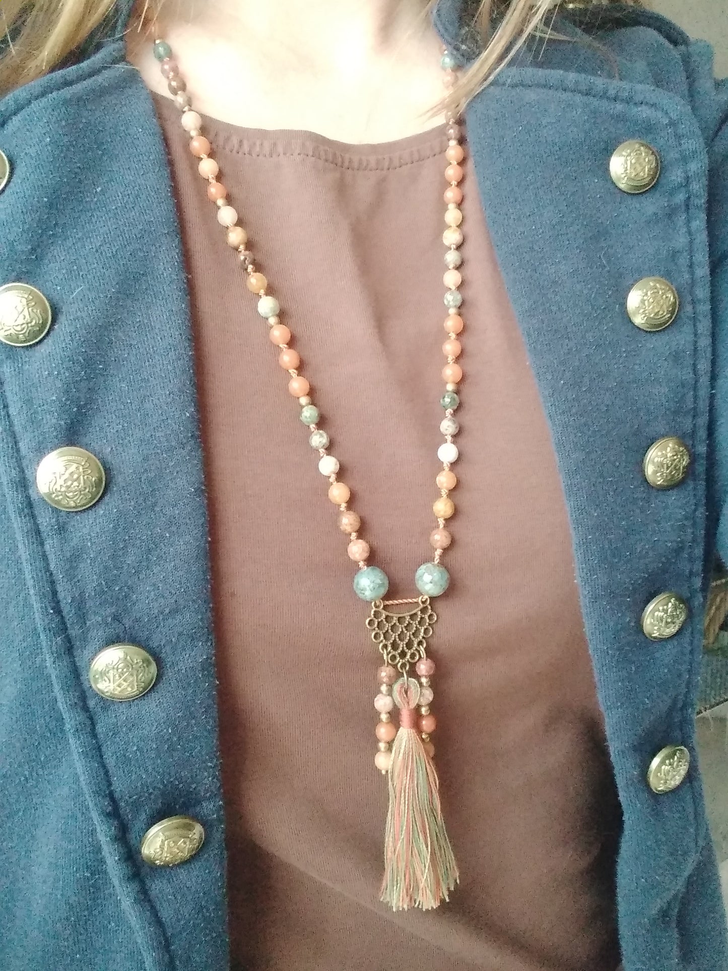 Mala en jaspe océan et aventurine orange "Carpe diem"