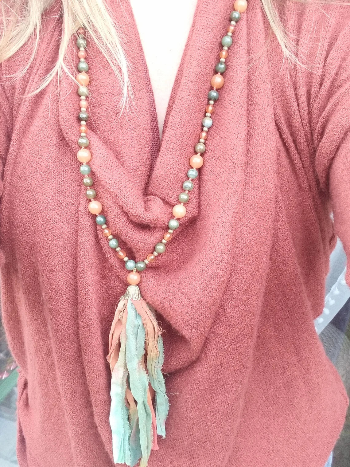 Mala en jadéite, aventurine orange et cornaline "Ressourcement"