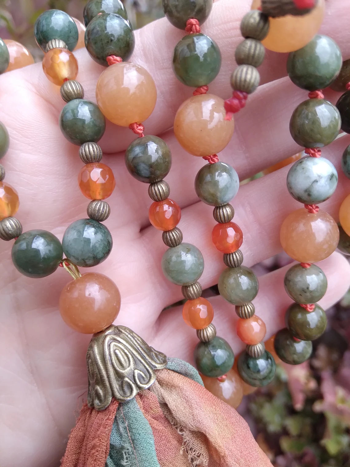 Mala en jadéite, aventurine orange et cornaline "Ressourcement"