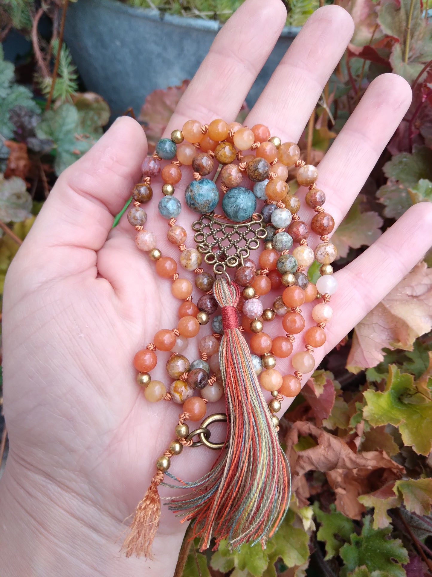 Mala en jaspe océan et aventurine orange "Carpe diem"