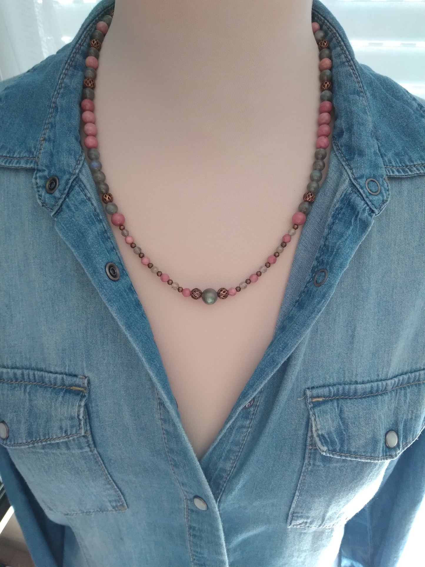 Collier rhodonite et labradorite "Sécurité"