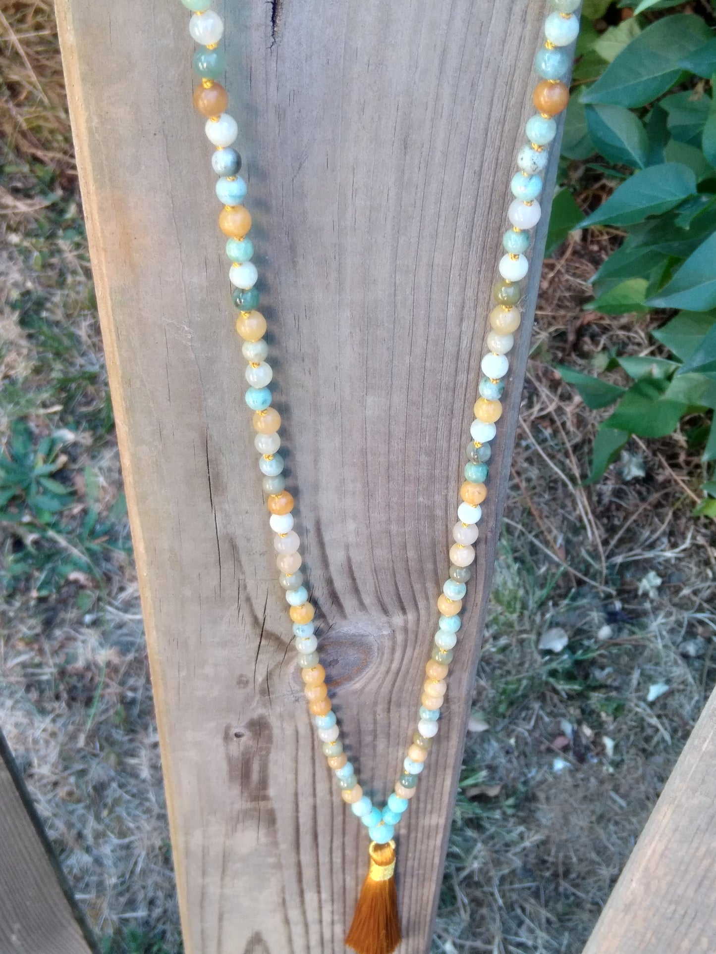 Mala en jadéite, aventurine jaune et amazonite "Cheminement"