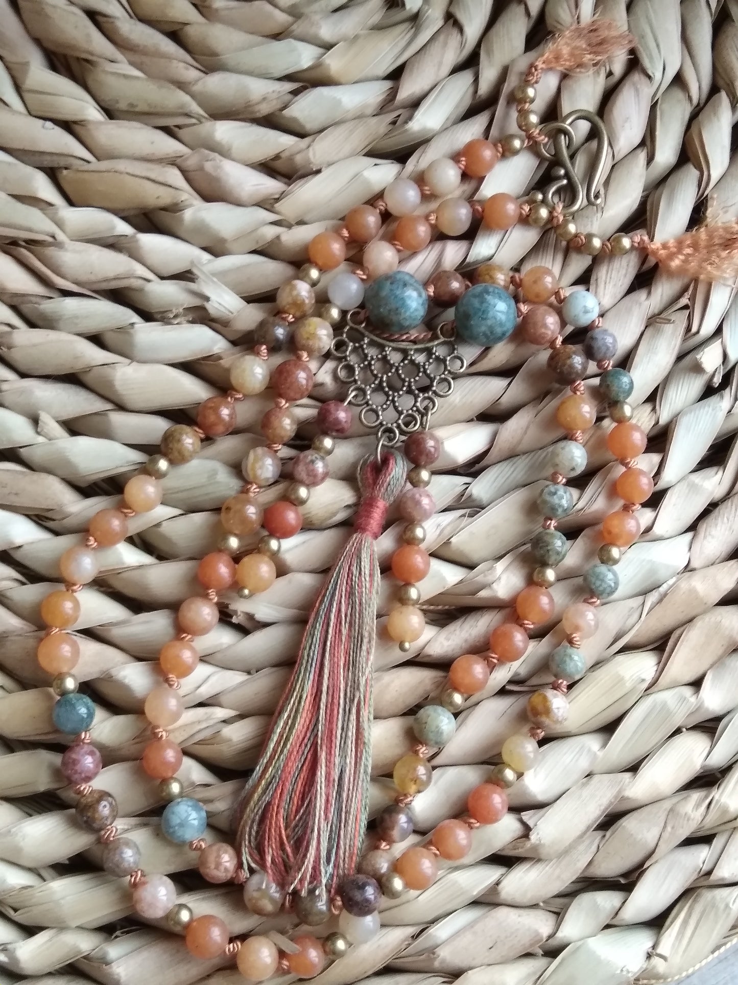 Mala en jaspe océan et aventurine orange "Carpe diem"