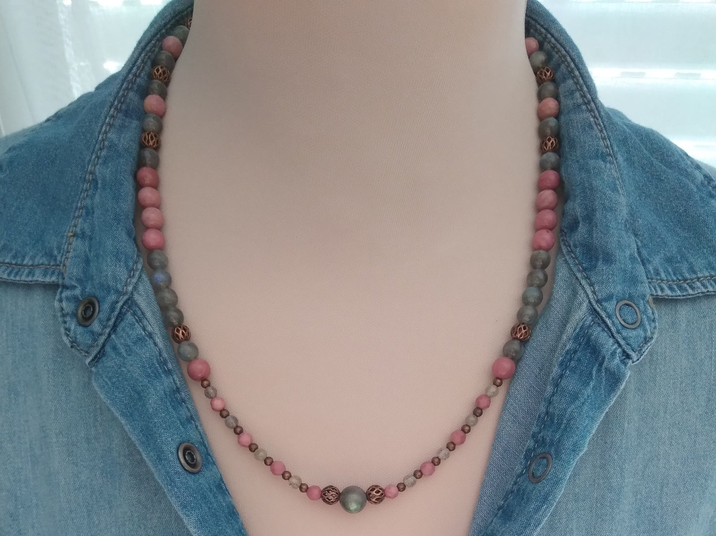 Collier rhodonite et labradorite "Sécurité"